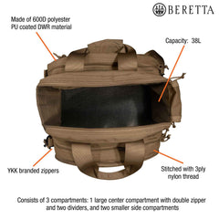 Beretta 38L range bag carry options show top handles and adjustable strap.