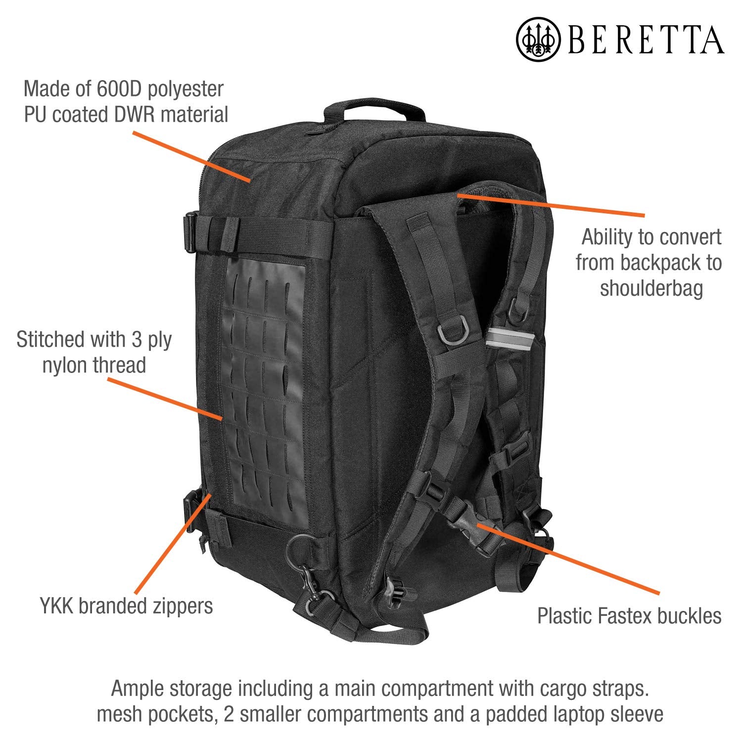 MOLLE and velcro patches on Beretta 49L enable modular gear.