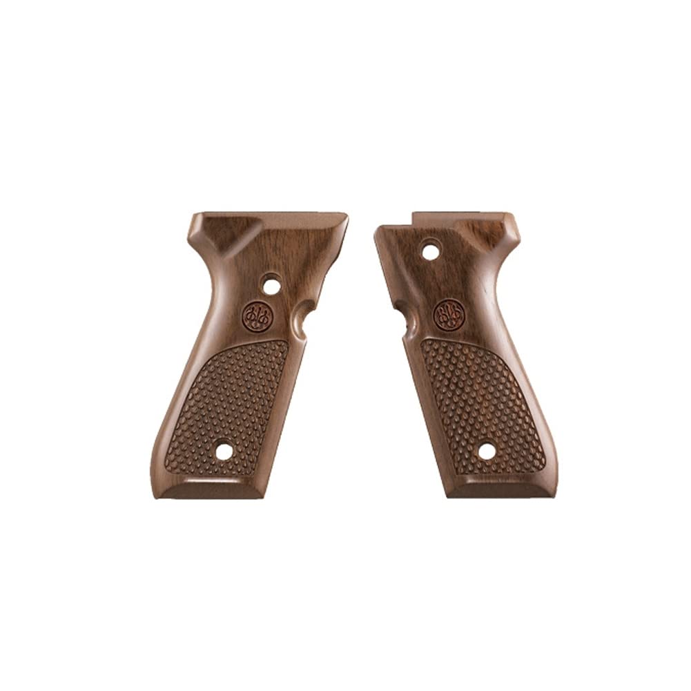 Beretta 92/96 wood grips show Trident logo and medallion; enhances aesthetic and handling