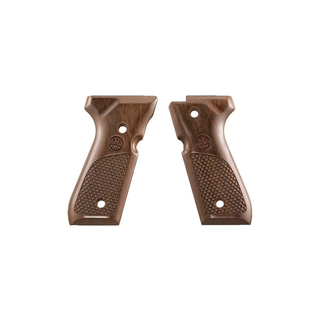 Beretta 92/96 wood grips show Trident logo and medallion; enhances aesthetic and handling