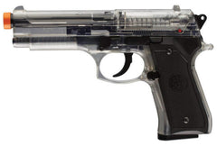 Beretta 92FS 6mm airsoft spring clear front view shows realistic grip for target practice.
