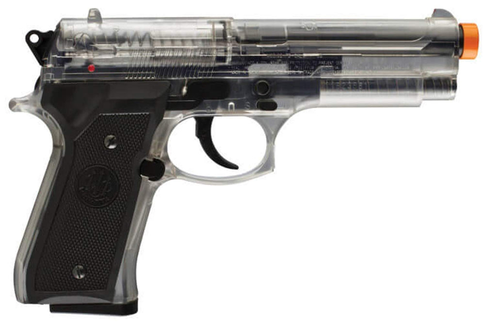 Beretta 92FS 6mm airsoft spring clear magazine demonstrates quick reload capability.