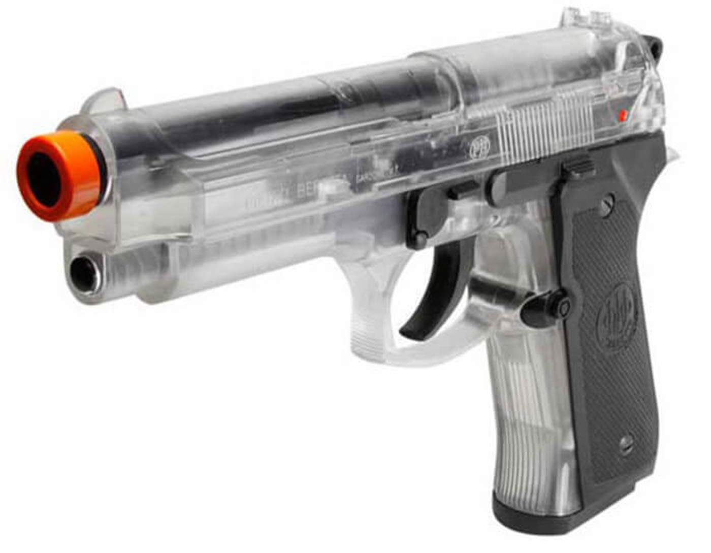 Beretta 92FS 6mm airsoft spring clear side view highlights compact design for handling.