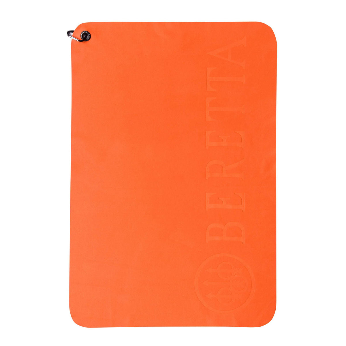 Beretta microfiber shooting towel with orange carabiner for quick range access and drying
