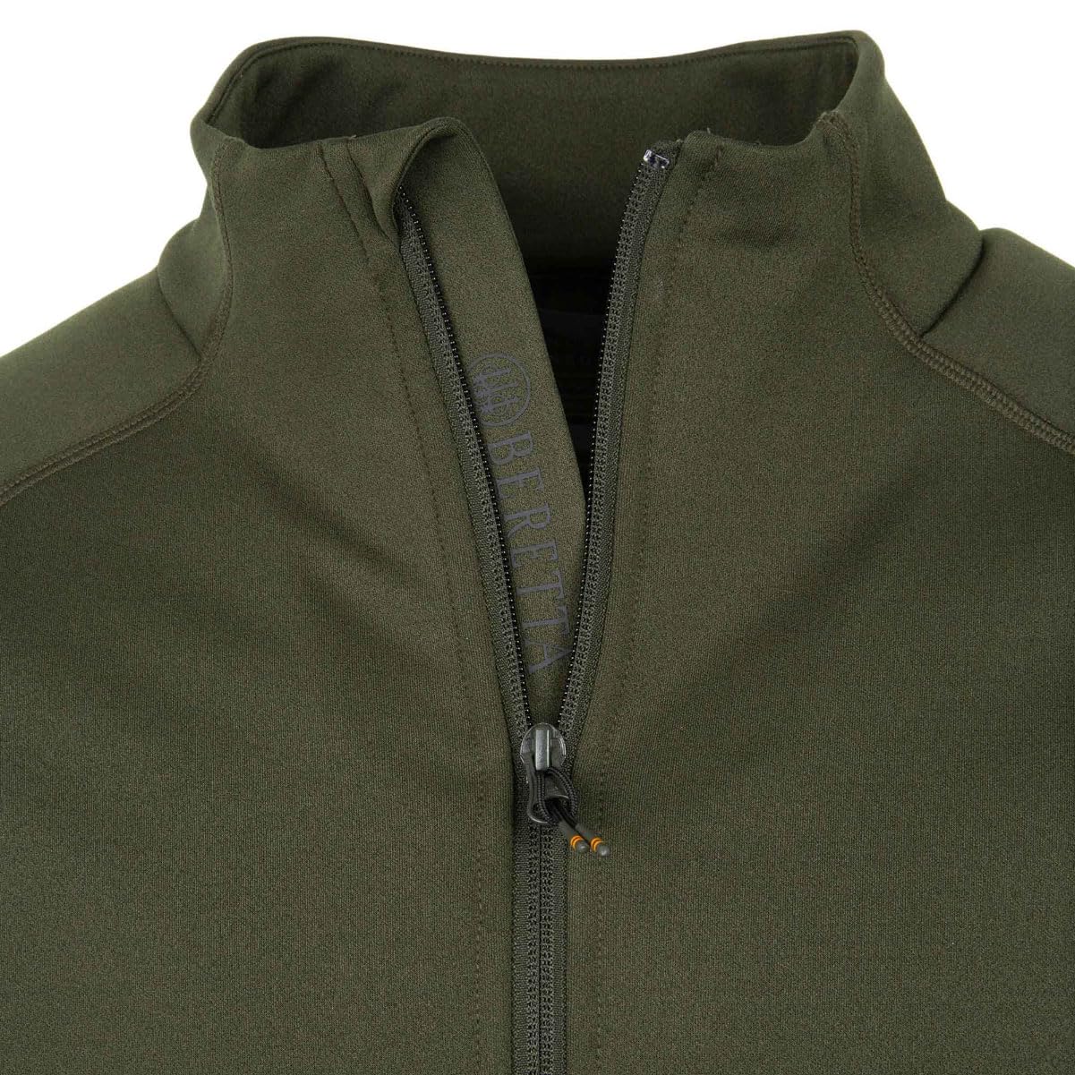 Beretta Stretch Tech fleece shirt Green Moss zip detail for adjustable ventilation.