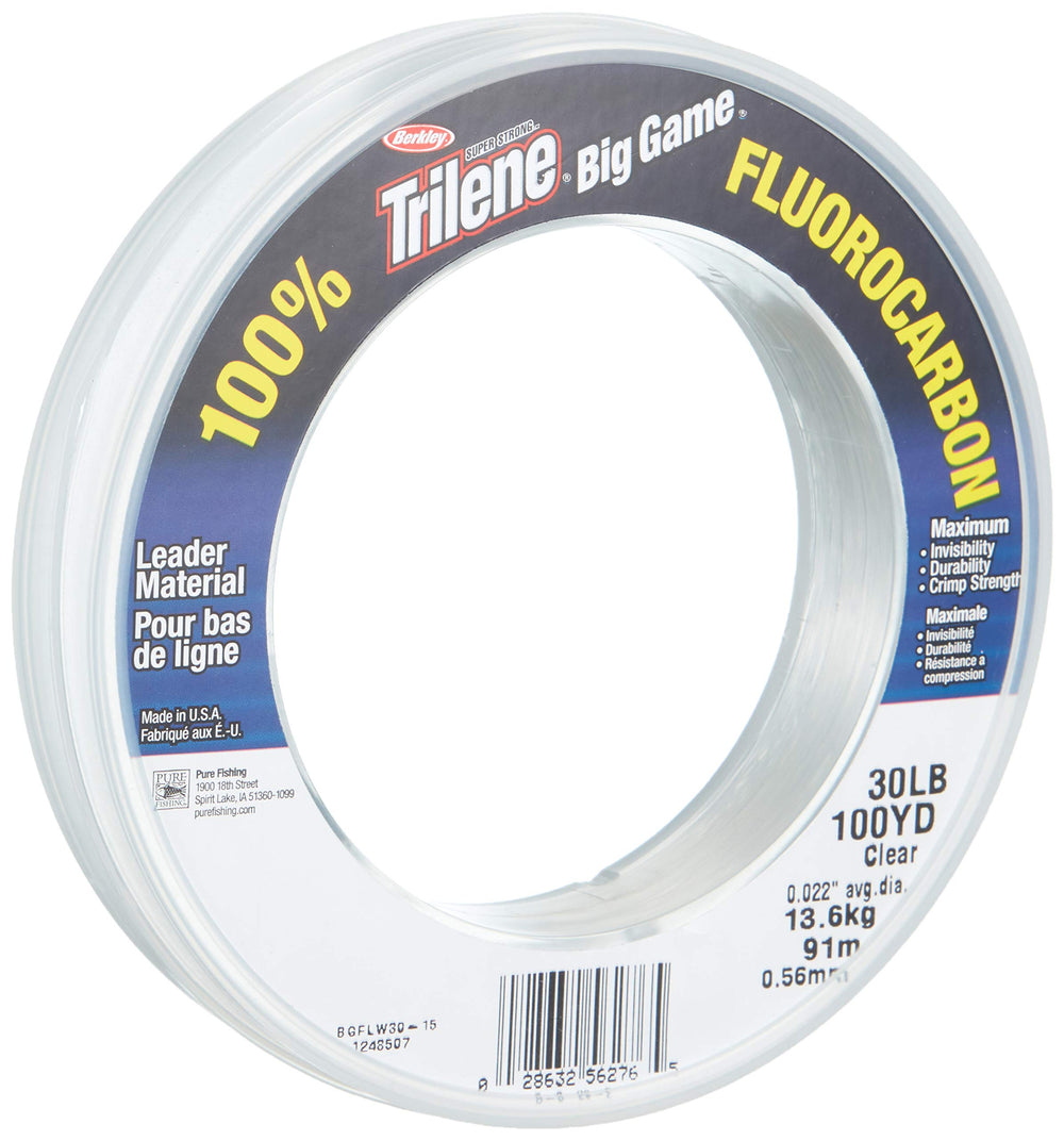 Berkley Big Game fluorocarbon leader 30 lb packaging, showing clean, abrasion-resistant line.