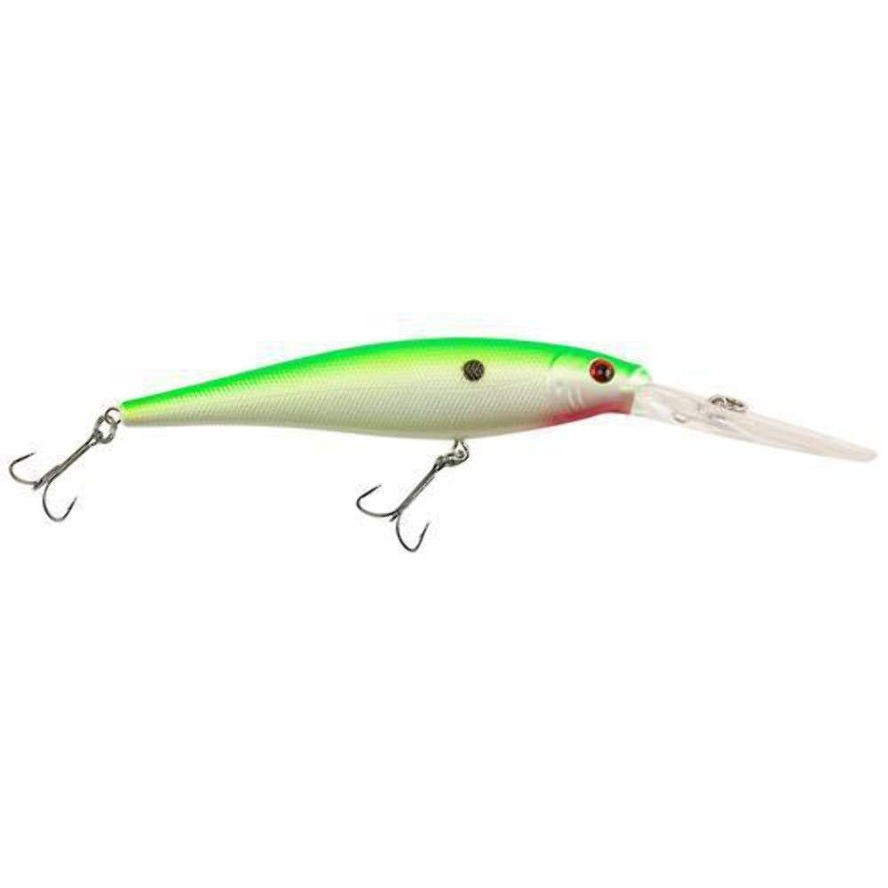 Close-up of Berkley Flicker Minnow Chartreuse Pearl hook, highlighting Fusion19 sharp hooks for secure hookups.
