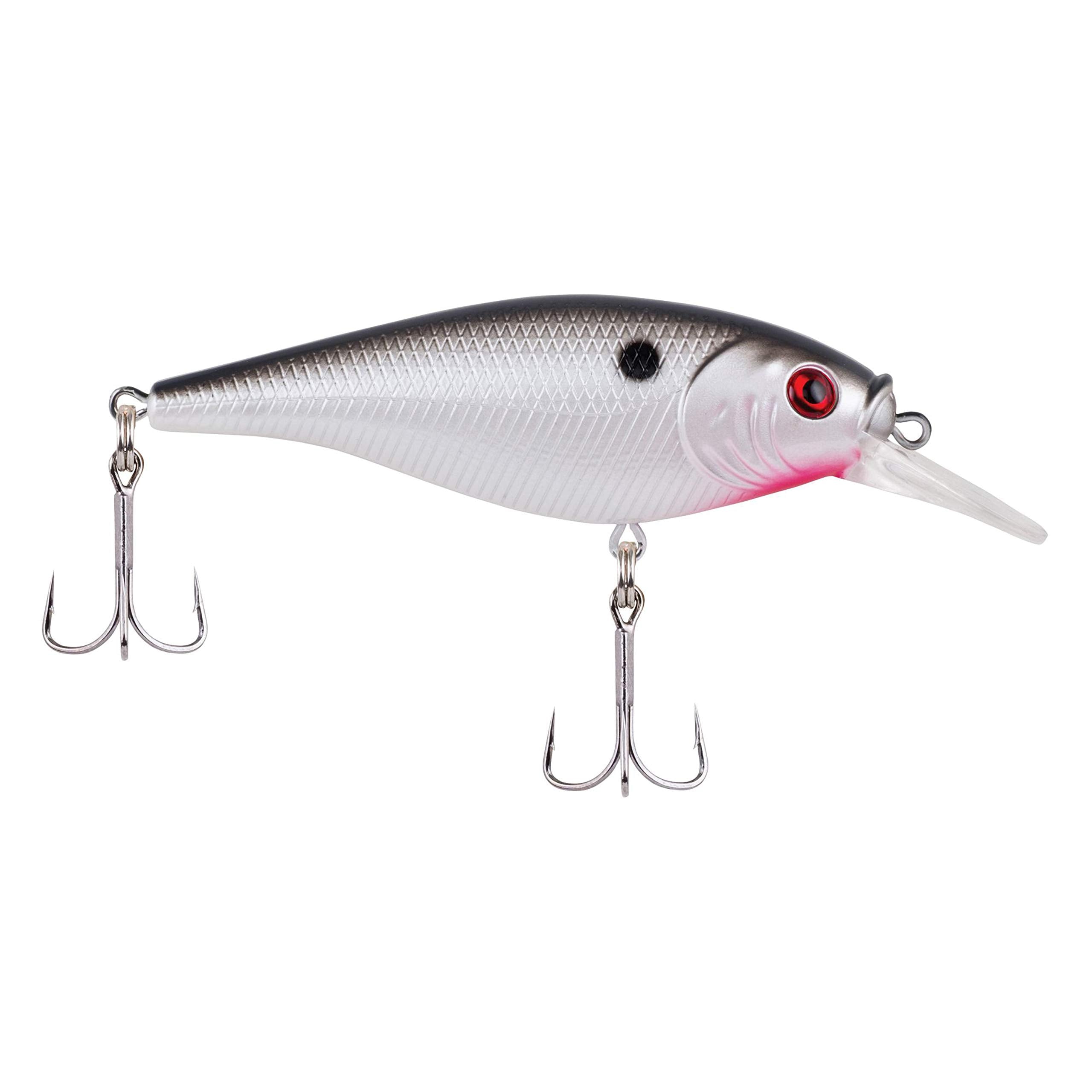 Berkley Flicker Shad shallow pearl white lure in front view, ideal for shallow-water trolling and rattle action