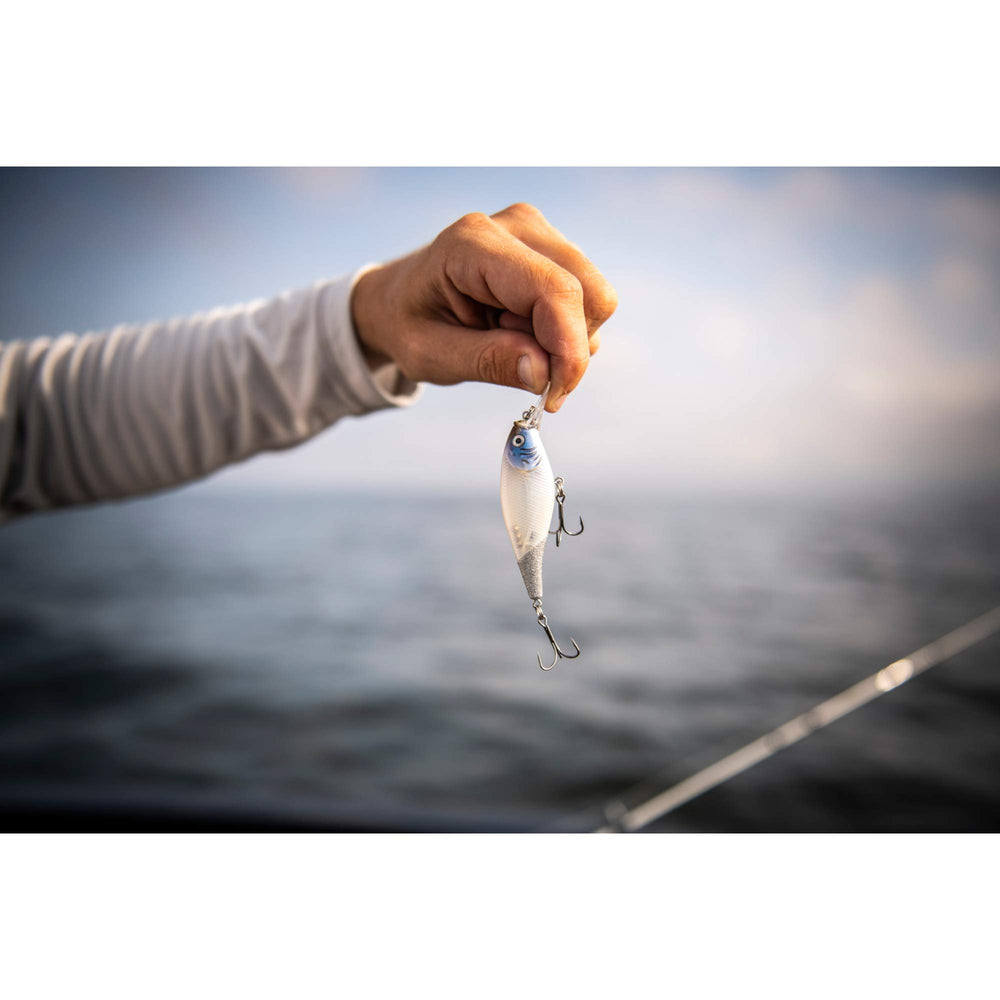 Realistic baitfish profile helps attract walleyes in shallow flats.