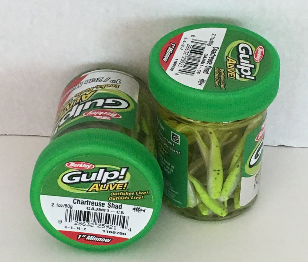Berkley GULP! Alive! 1-inch chartreuse shad minnow jar, ideal for panfish and trout.