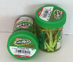 Berkley GULP! Alive! 1-inch chartreuse shad minnow jar, ideal for panfish and trout.
