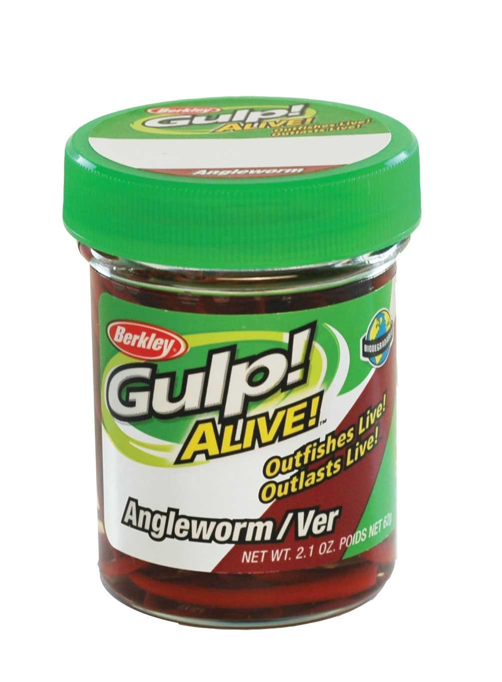 Berkley Gulp Alive Red Wiggler Angle Worm 1-Inch jar front view for panfish attraction.