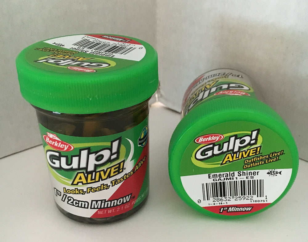 Two-jar Berkley Gulp Alive emerald shiner minnow bundle with Magic Gravy recharging in the jar.