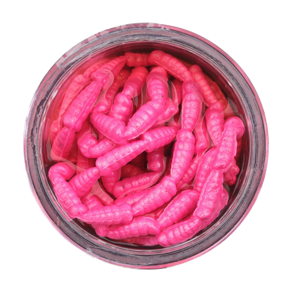 Berkley Gulp Alive Waxies Pink 2oz jar back shows 400x scent dispersion.