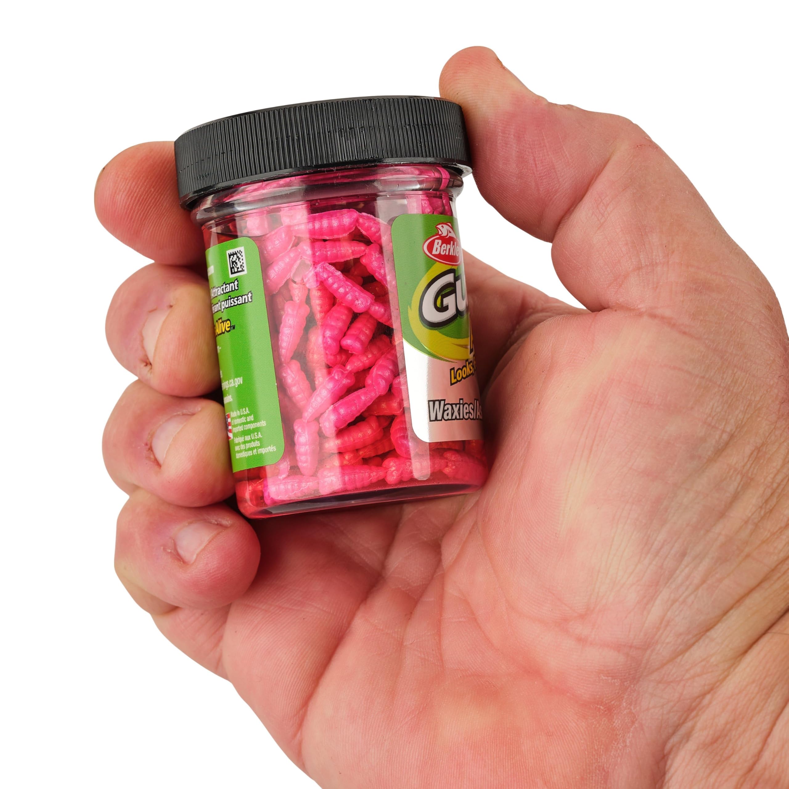 Close-up of Berkley Gulp Alive Waxies Pink texture reveals durable texture and scent.