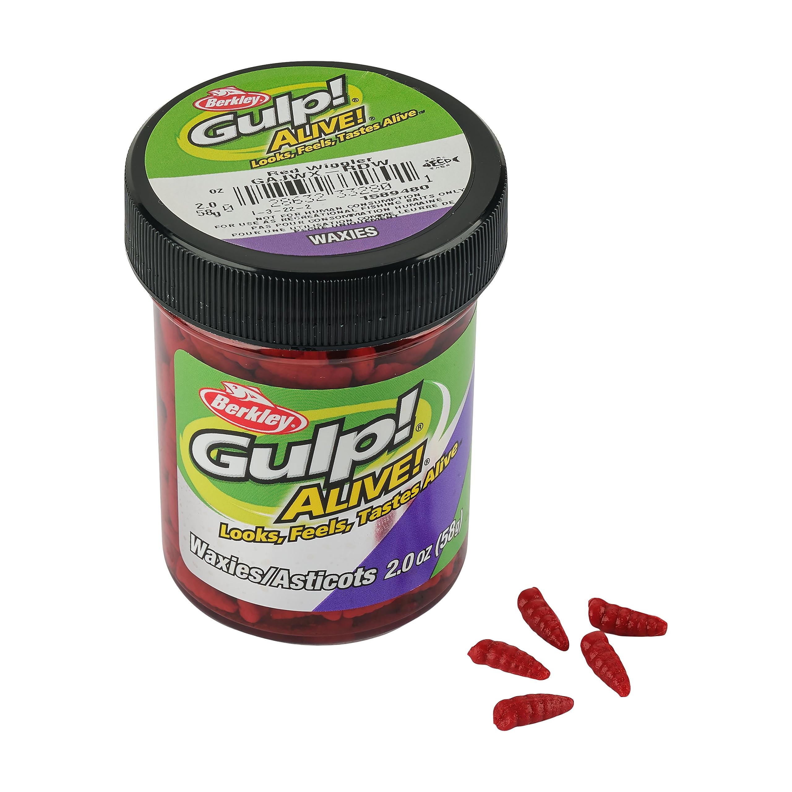 Berkley Gulp! Alive! Waxies red wiggler 0.5in attracts panfish with strong scent.