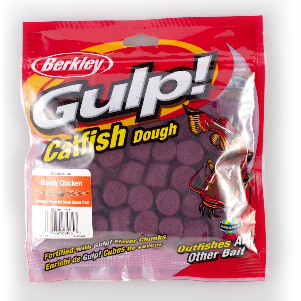 Berkley Gulp! Catfish Dough Bloody Chicken close-up of chunks reveals fortified flavor release