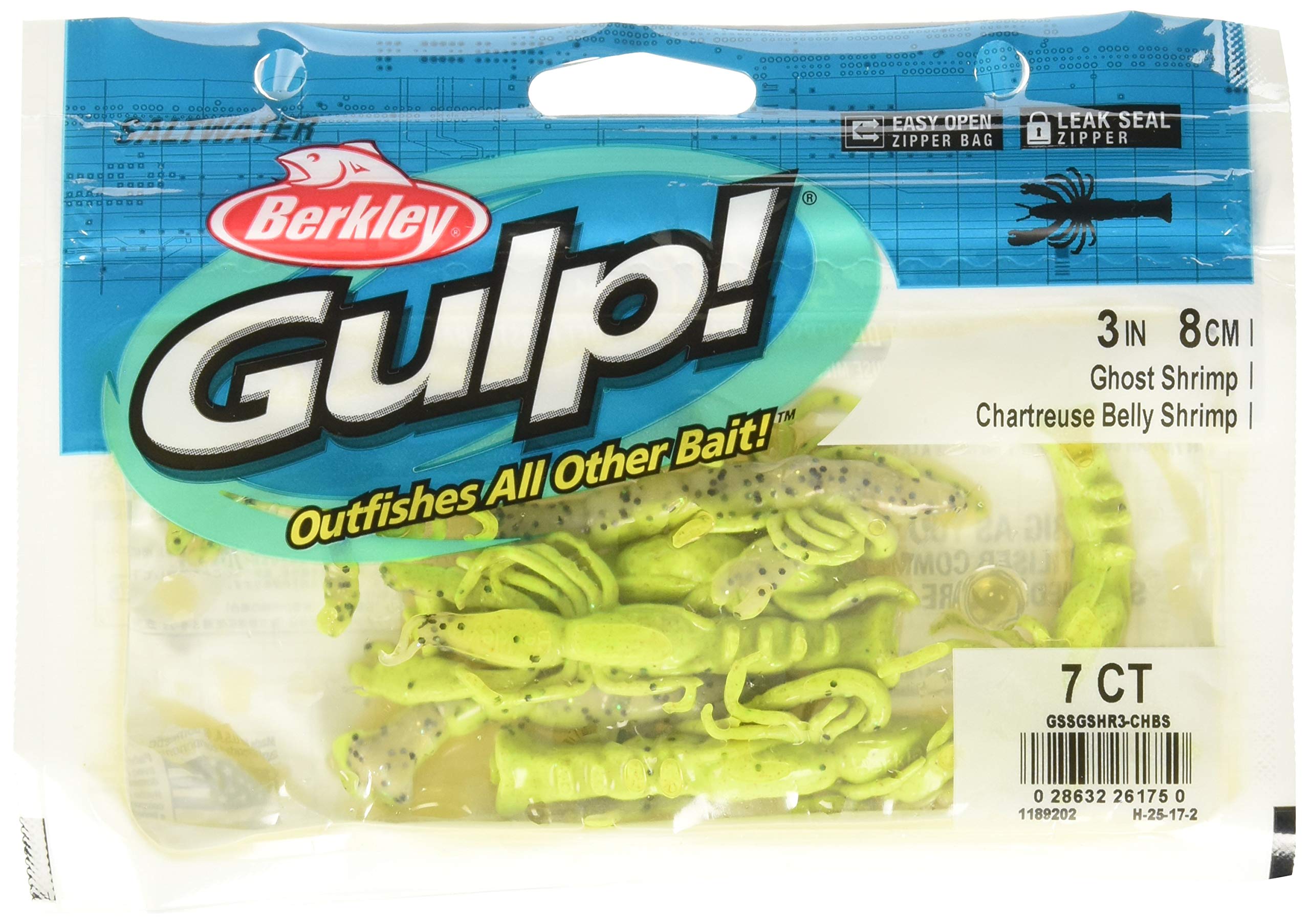Berkley Gulp! Ghost Shrimp Chartreuse Belly 3-inch: lifelike lure with strong scent dispersion.