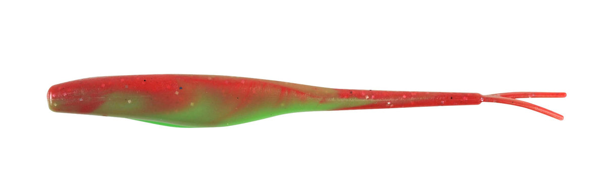 Berkley Gulp! Jerk Shad Nuclear Chicken 6in glows to enhance visibility at dawn or dusk