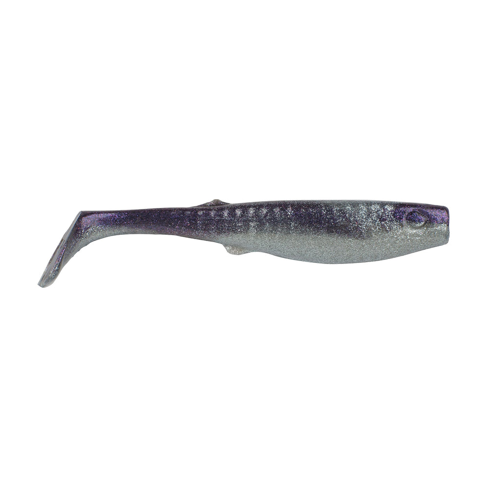 Berkley Gulp! Paddleshads Purple Shiner 5in front view shows lifelike profile for bass