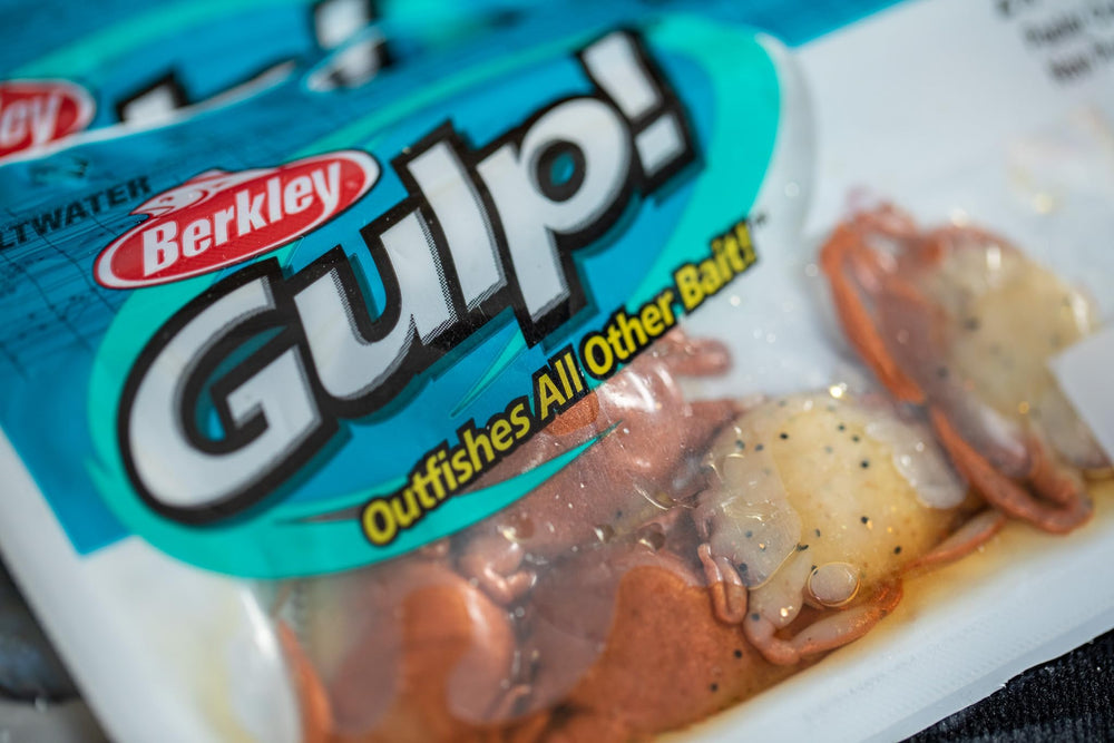 Berkley Gulp! Peeler Crab Amber Glow packaging emphasizes product features.