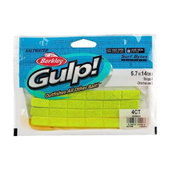 Berkley Gulp! Surf Bytes Strips chartreuse demonstrated on different rigging options.
