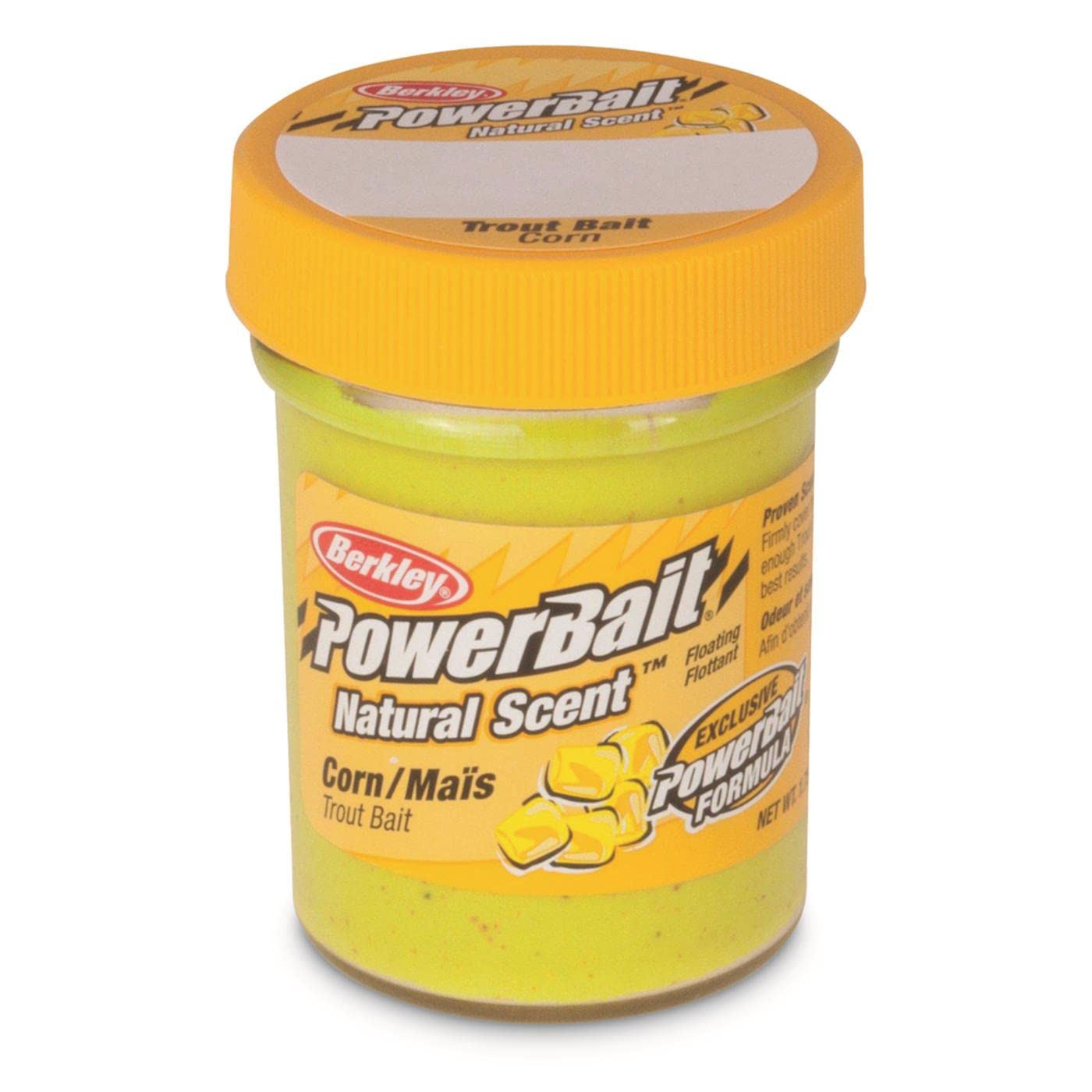 Berkley PowerBait corn yellow trout bait jar with enhanced scent for longer bites