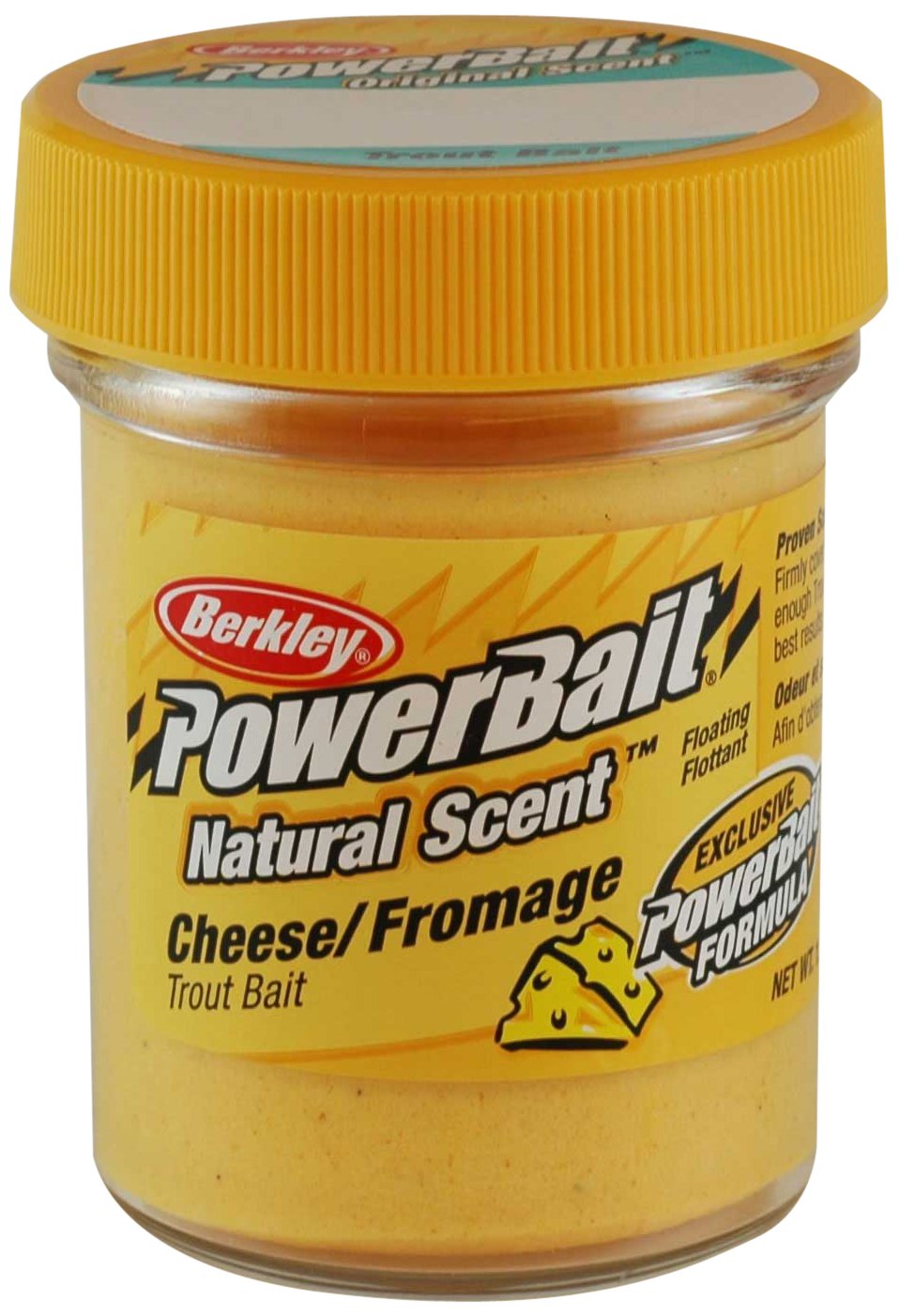 Berkley PowerBait Natural Scent Cheese Trout Bait jar attracts trout and increases bite opportunities