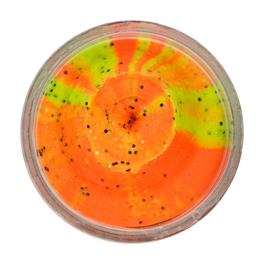 Berkley PowerBait Trout Dough Tequila Fire close up on Crystalina glitter for visibility