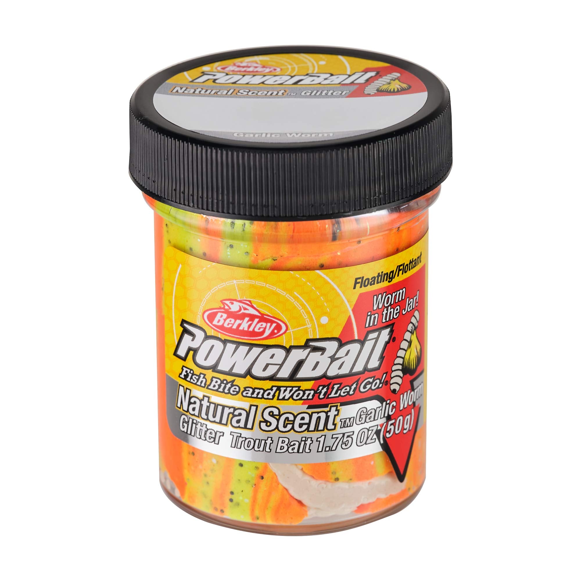 Berkley PowerBait Trout Dough Tequila Fire jar front view showing lure color and scent cues
