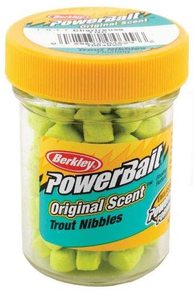 Berkley PowerBait Trout Nibbles Chartreuse jar, designed for lasting bite potential on trout rigs.