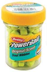 Berkley PowerBait Trout Nibbles Chartreuse jar, designed for lasting bite potential on trout rigs.