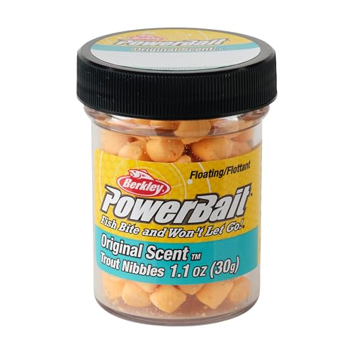 Berkley PowerBait Trout Nibbles peach dough on hook with strong aroma.