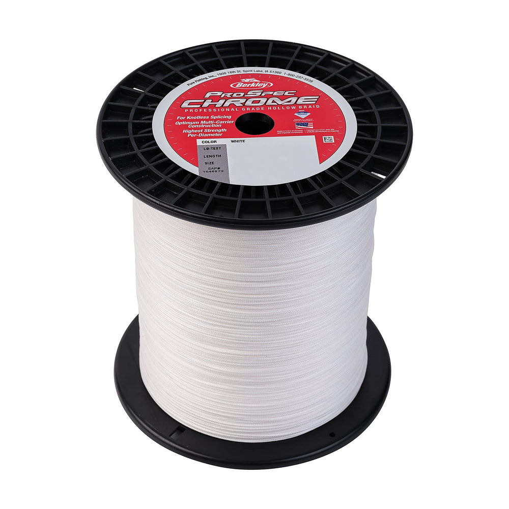 Berkley ProSpec hollow braid 100lb white spool, ideal for secure, knotless splicing.