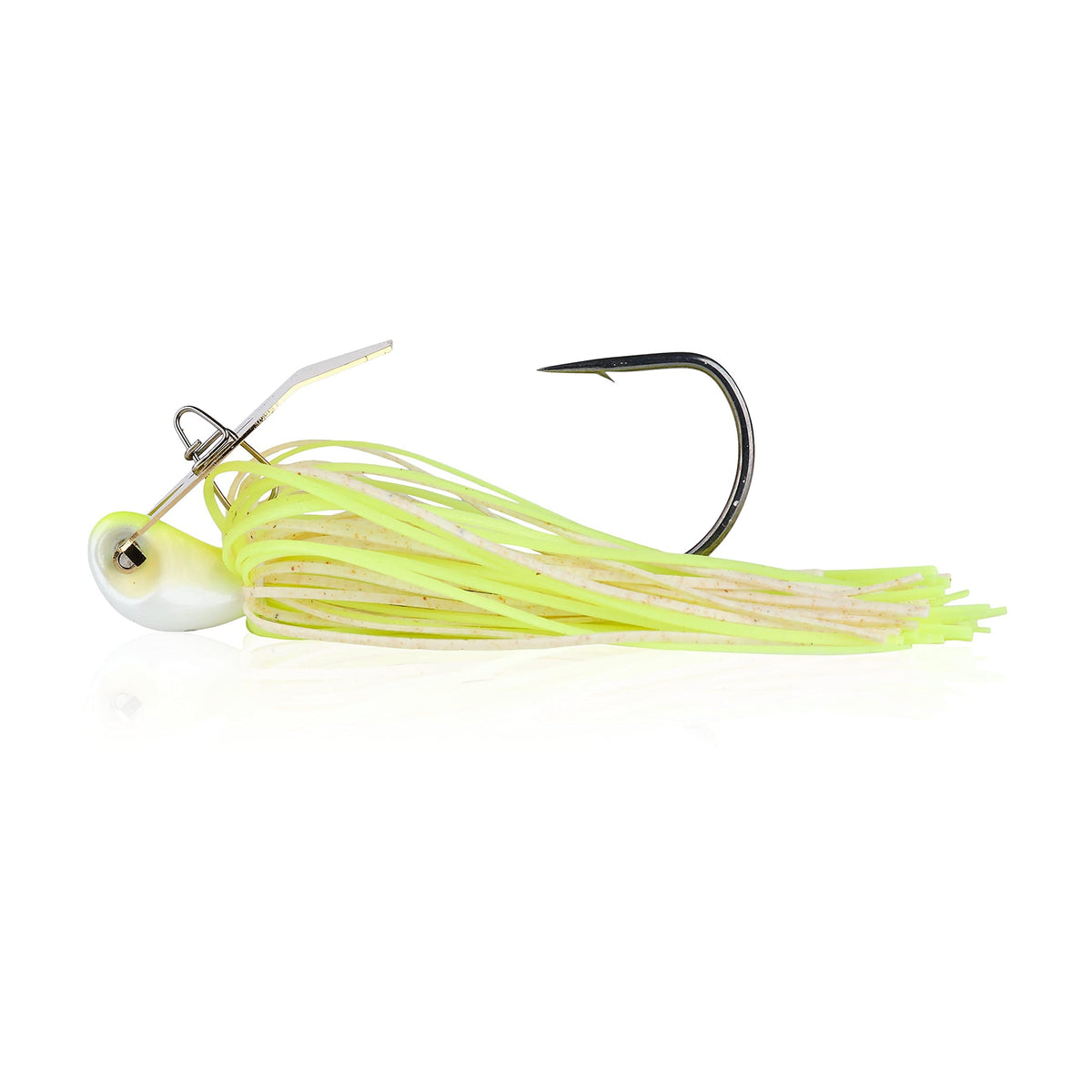 Berkley SlobberKnocker jig white chartreuse front view, draws attention in clear water.