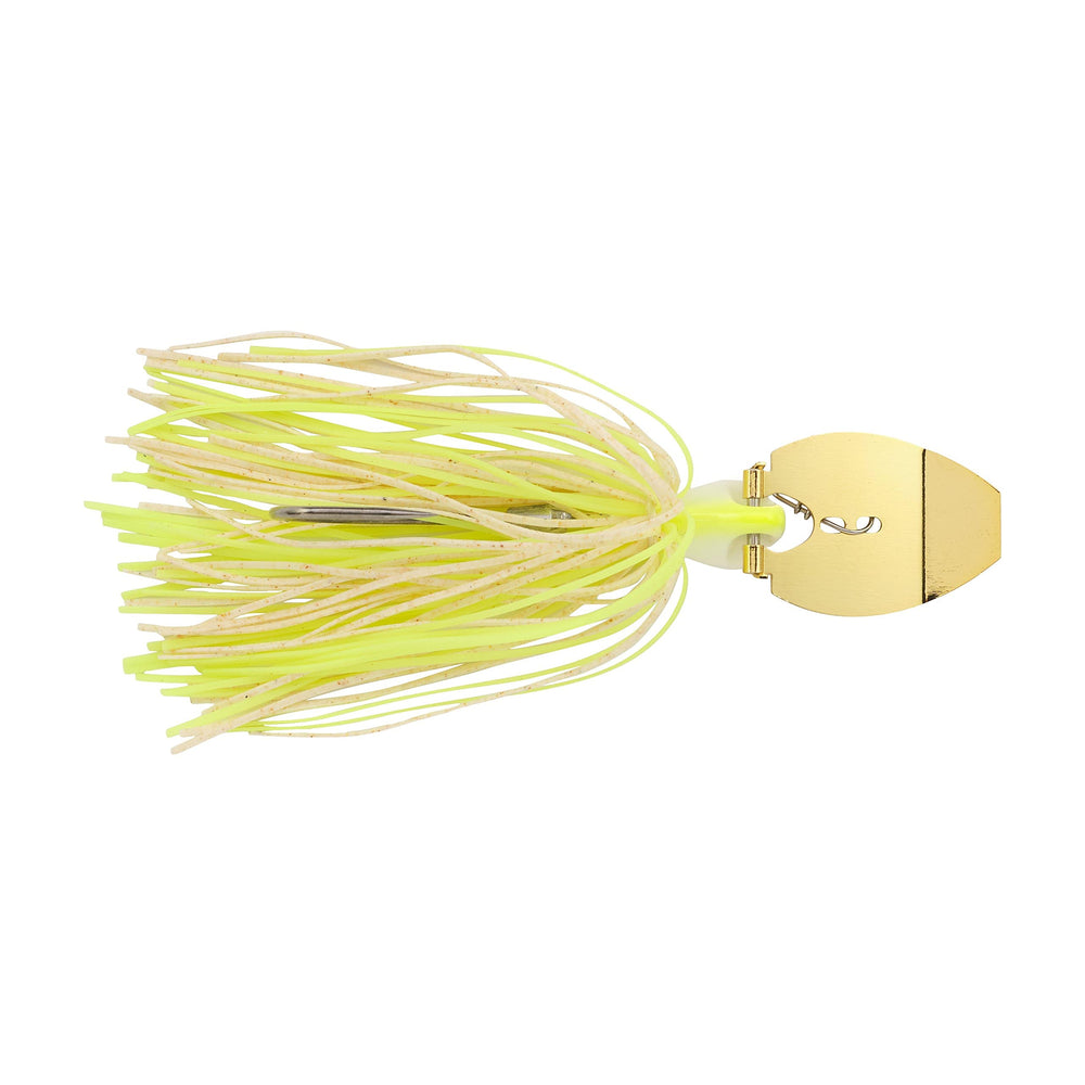 Berkley SlobberKnocker jig white chartreuse side profile highlights rugged through head blade.