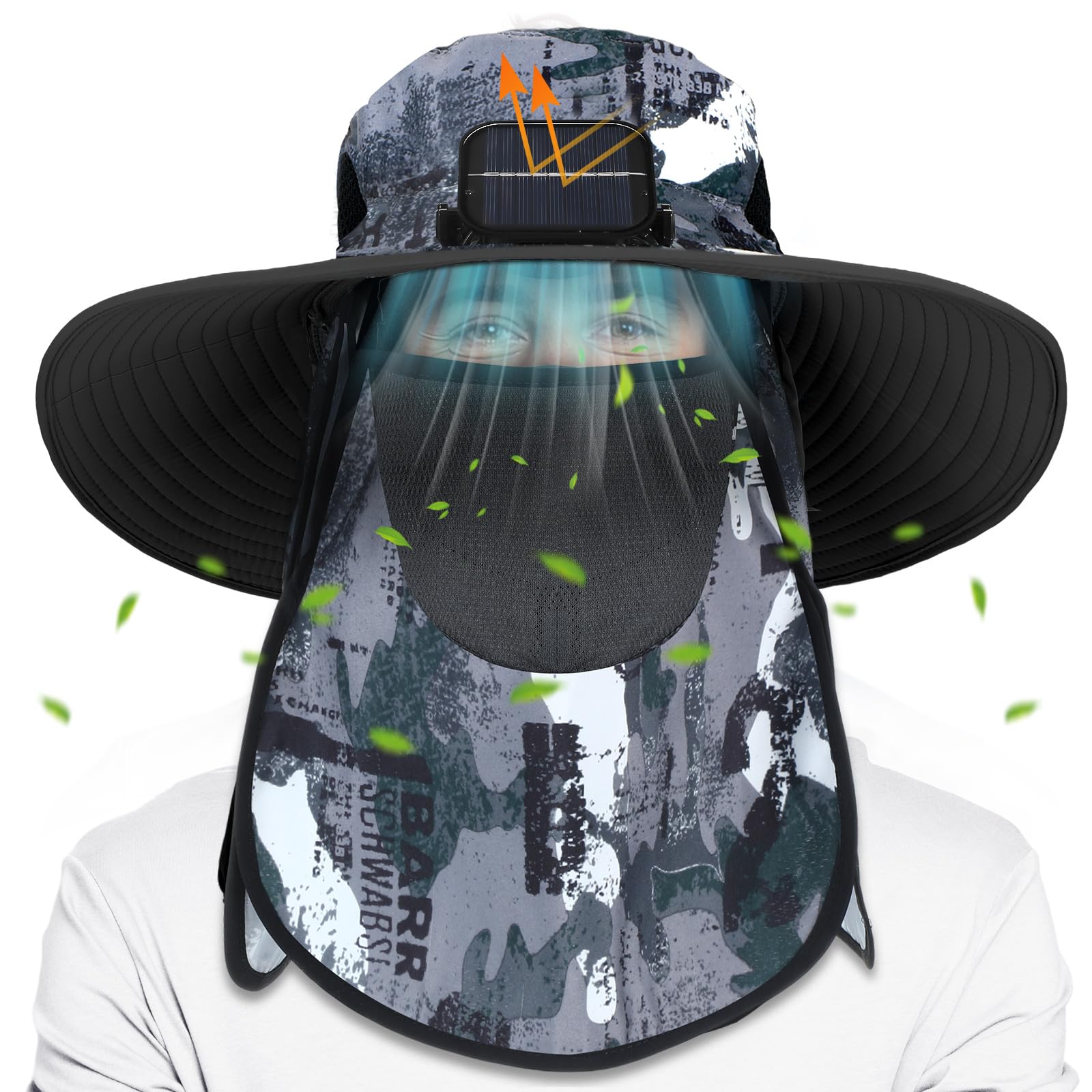 Berlune camouflage solar sun hat with wide brim and integrated fan