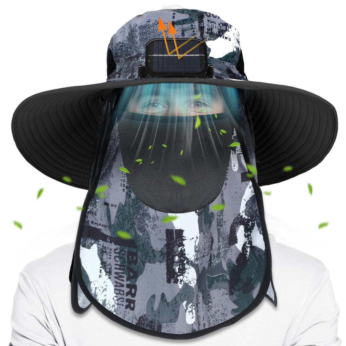 Berlune camouflage solar sun hat with wide brim and integrated fan