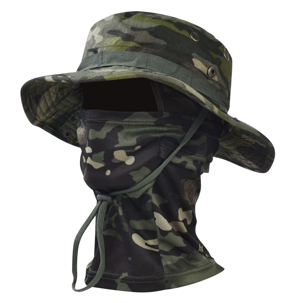 Besforta camo boonie hat with balaclava mask for sun protection during outdoor adventures.