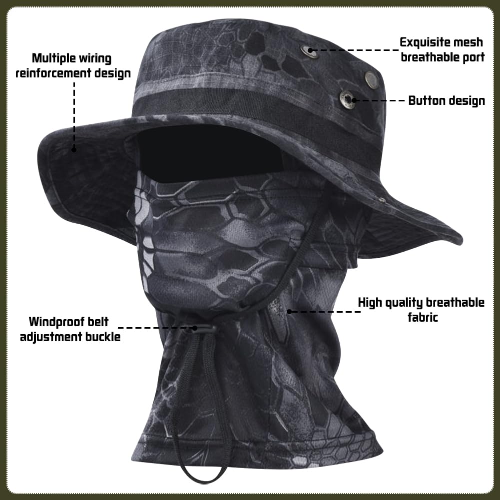 Besforta camo face mask with hat set in use for outdoor protection.