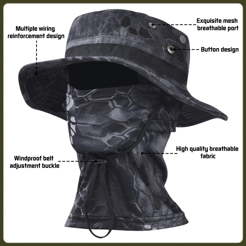 Besforta camo face mask with hat set in use for outdoor protection.