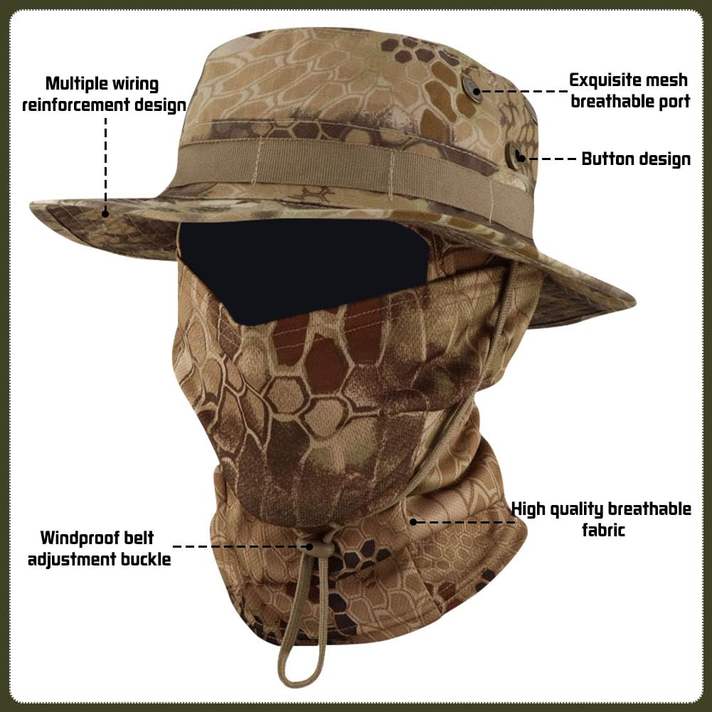 Besforta camo hat with adjustable belt and drawstring for a secure fit in windy conditions.