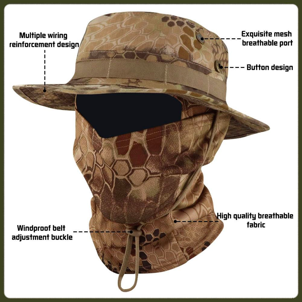 Besforta camo hat with adjustable belt and drawstring for a secure fit in windy conditions.