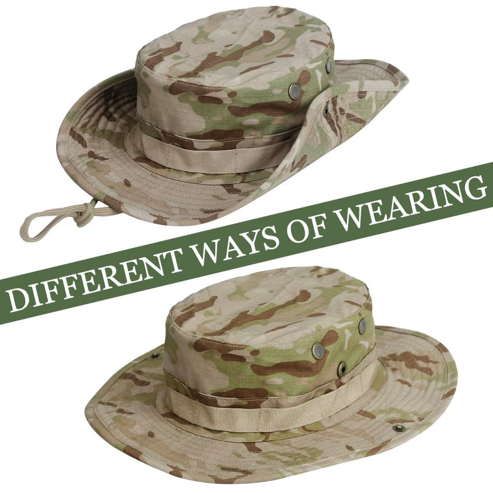 Besforta wide brim boonie hat camouflage back view with adjustable drawstring.