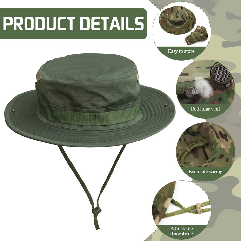 Besforta wide brim boonie hat camouflage side view highlighting breathable material.