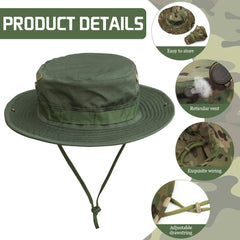 Besforta wide brim boonie hat camouflage side view highlighting breathable material.