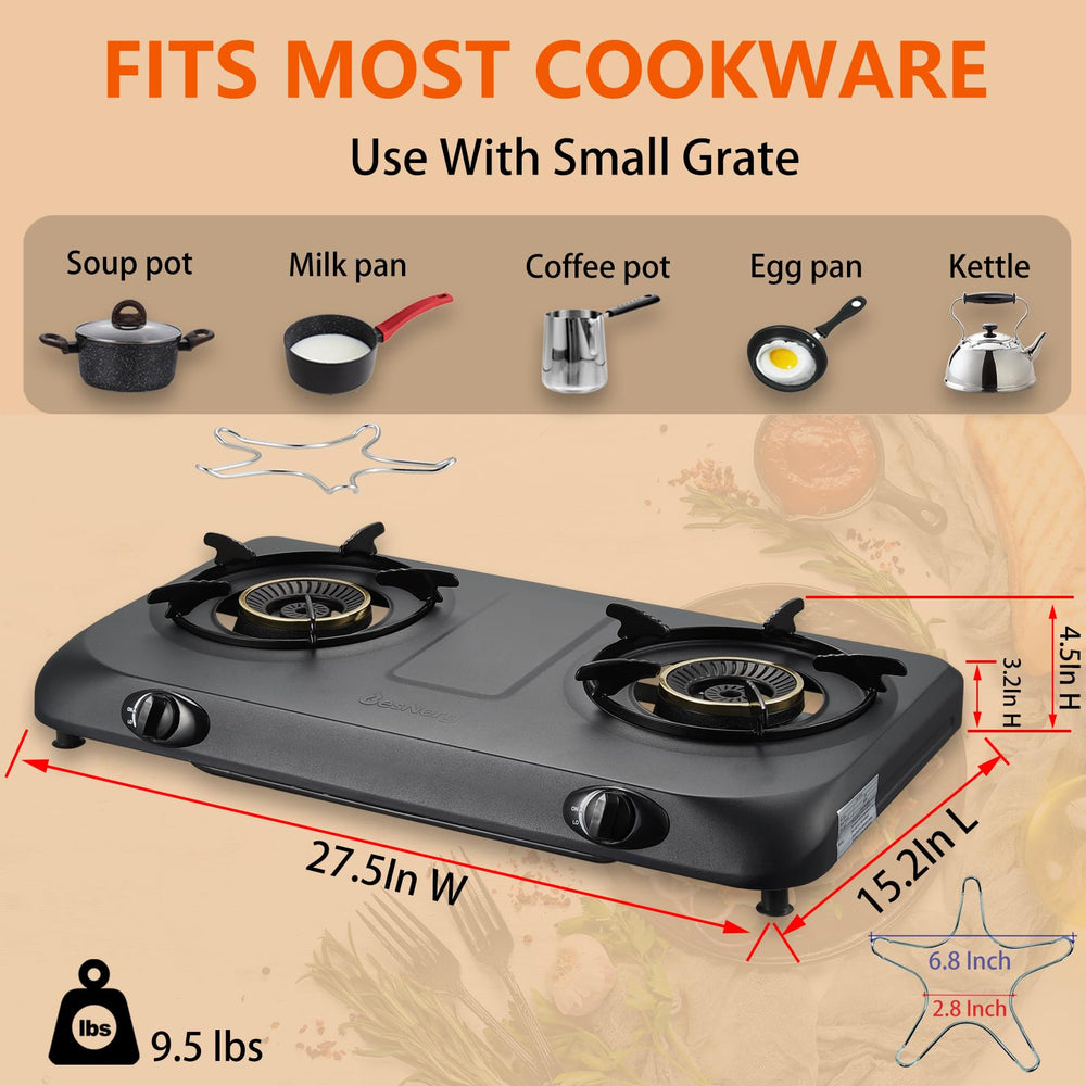 BesNerg 27200-BTU stove top delivers strong heat for rapid cooking.