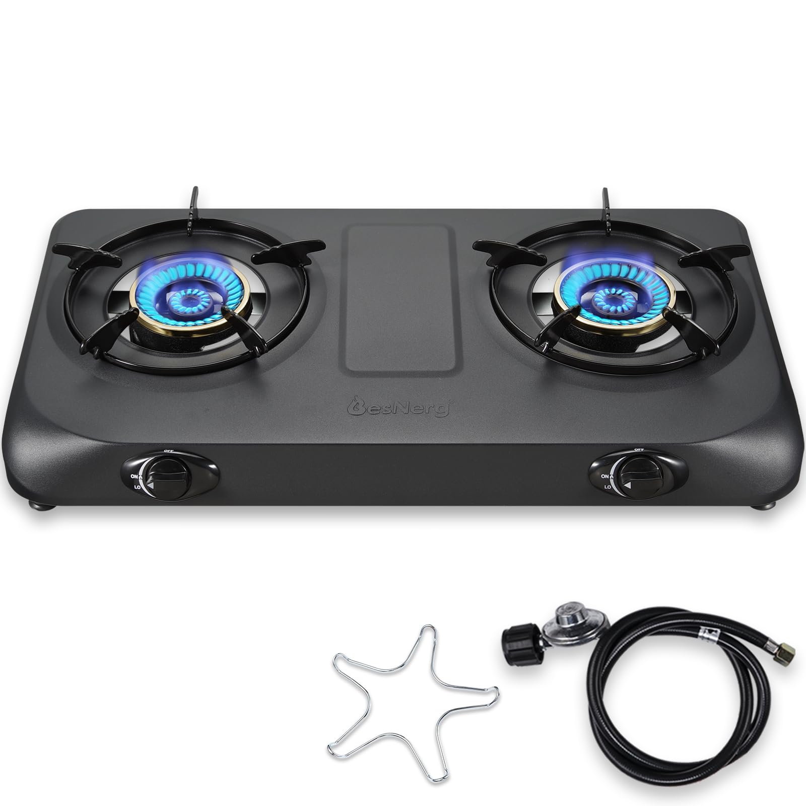 BesNerg propane stove 2-burner ready for outdoor cooking on patios and campsites.