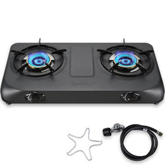 BesNerg propane stove 2-burner ready for outdoor cooking on patios and campsites.