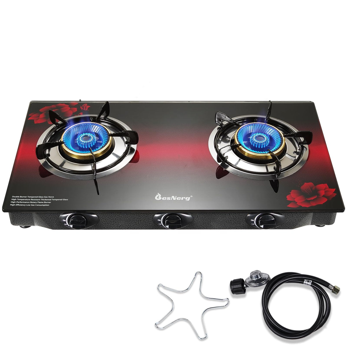 BesNerg propane stove left burner lit for quick outdoor cooking